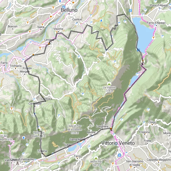 Miniatua del mapa de inspiración ciclista "Ruta de ciclismo de 73 km desde Limana" en Veneto, Italy. Generado por Tarmacs.app planificador de rutas ciclistas