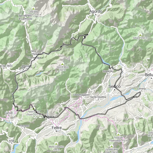 Mapa miniatúra "Výlet cez Zorzoi a Forcella Franche" cyklistická inšpirácia v Veneto, Italy. Vygenerované cyklistickým plánovačom trás Tarmacs.app