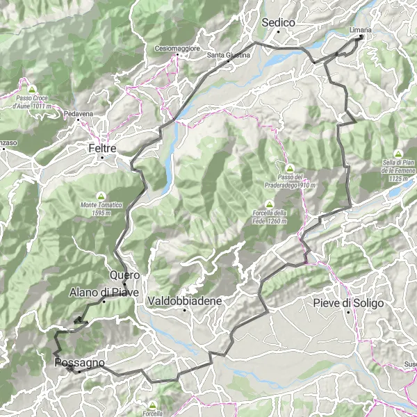 Kartminiatyr av "Cykling till Quero och Monte Tomba" cykelinspiration i Veneto, Italy. Genererad av Tarmacs.app cykelruttplanerare