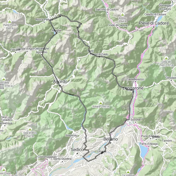 Miniatua del mapa de inspiración ciclista "Ruta de las Montañas de Limana" en Veneto, Italy. Generado por Tarmacs.app planificador de rutas ciclistas