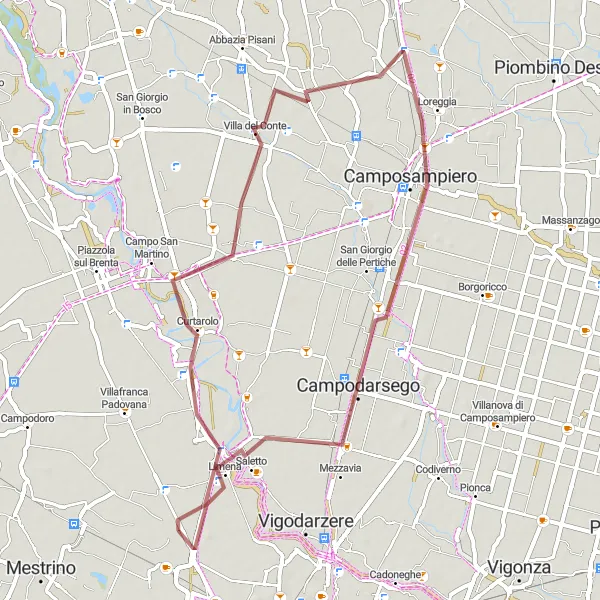 Miniaturní mapa "Short Gravel Ride through Villages" inspirace pro cyklisty v oblasti Veneto, Italy. Vytvořeno pomocí plánovače tras Tarmacs.app