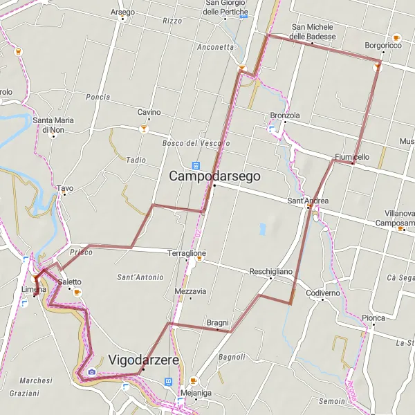 Mapa miniatúra "Gravel cez Borgoricco" cyklistická inšpirácia v Veneto, Italy. Vygenerované cyklistickým plánovačom trás Tarmacs.app