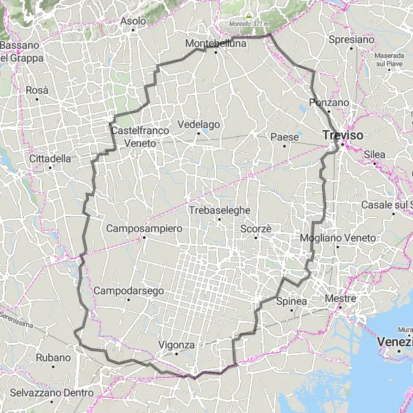 Karten-Miniaturansicht der Radinspiration "Road bike route passing through Treviso and Fiesso d'Artico" in Veneto, Italy. Erstellt vom Tarmacs.app-Routenplaner für Radtouren