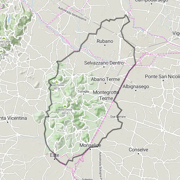 Miniatura della mappa di ispirazione al ciclismo "Giro Padova - Rovolon - Limena in bici da strada" nella regione di Veneto, Italy. Generata da Tarmacs.app, pianificatore di rotte ciclistiche