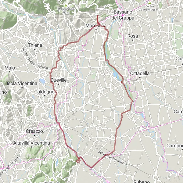 Miniatura della mappa di ispirazione al ciclismo "Esplorazione Gravel dei Colli Veneti" nella regione di Veneto, Italy. Generata da Tarmacs.app, pianificatore di rotte ciclistiche