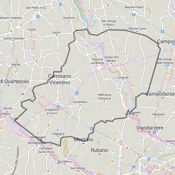 Miniaturní mapa "Cyklotrasa kolem Longare a Limena" inspirace pro cyklisty v oblasti Veneto, Italy. Vytvořeno pomocí plánovače tras Tarmacs.app