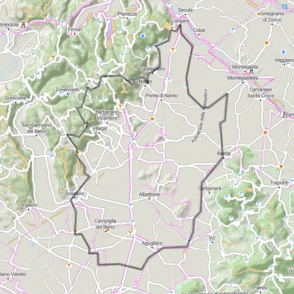 Miniatua del mapa de inspiración ciclista "Ruta de Carretera a San Giovanni" en Veneto, Italy. Generado por Tarmacs.app planificador de rutas ciclistas