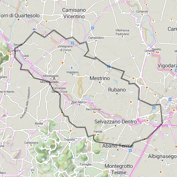 Miniatura della mappa di ispirazione al ciclismo "Road Cycling tra Pojana di Granfion e Ponte di Costozza" nella regione di Veneto, Italy. Generata da Tarmacs.app, pianificatore di rotte ciclistiche