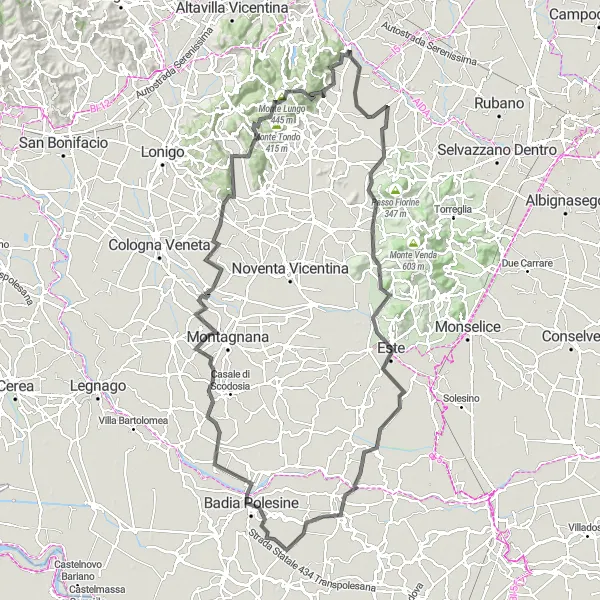 Kartminiatyr av "Utforsk Longare og omkringliggende byer på landeveien" sykkelinspirasjon i Veneto, Italy. Generert av Tarmacs.app sykkelrutoplanlegger