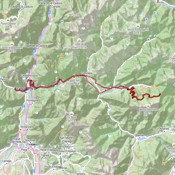 Miniaturní mapa "Cyklistická trasa kolem Longarone - štěrk" inspirace pro cyklisty v oblasti Veneto, Italy. Vytvořeno pomocí plánovače tras Tarmacs.app