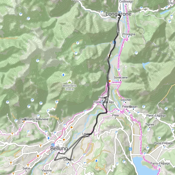 Miniaturní mapa "Krátká cyklostezka kolem Longarone" inspirace pro cyklisty v oblasti Veneto, Italy. Vytvořeno pomocí plánovače tras Tarmacs.app