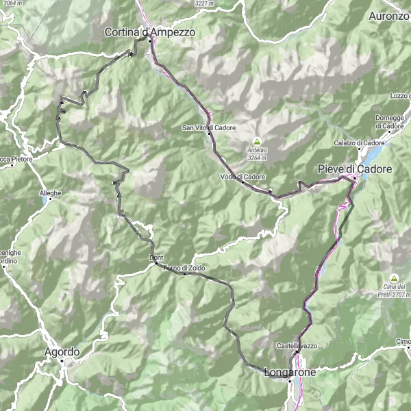 Miniatua del mapa de inspiración ciclista "Ruta escénica hacia Cortina d'Ampezzo" en Veneto, Italy. Generado por Tarmacs.app planificador de rutas ciclistas