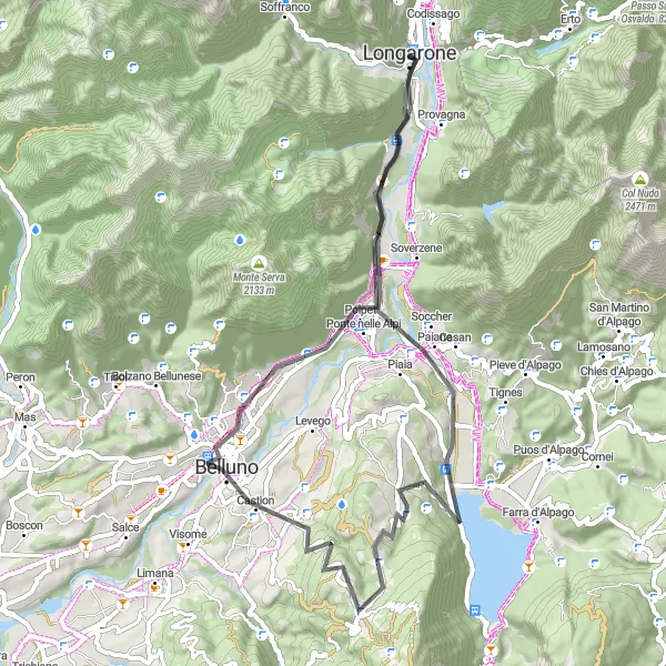 Miniatura della mappa di ispirazione al ciclismo "Giro in bici road da Longarone a Ponte nelle Alpi" nella regione di Veneto, Italy. Generata da Tarmacs.app, pianificatore di rotte ciclistiche