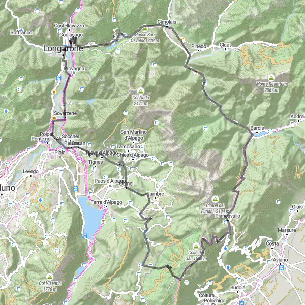Miniatura della mappa di ispirazione al ciclismo "Giro in bici road da Longarone a Piancavallo" nella regione di Veneto, Italy. Generata da Tarmacs.app, pianificatore di rotte ciclistiche