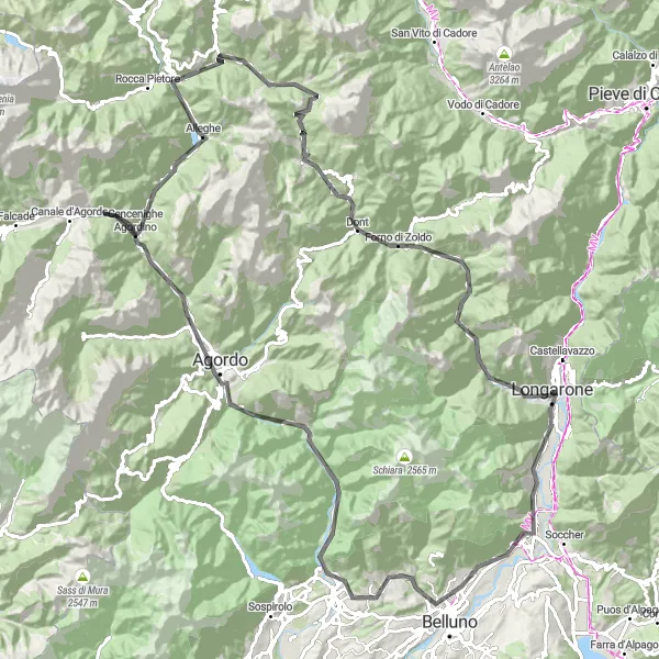 Miniatuurkaart van de fietsinspiratie "Rondrit van Longarone naar Fusine" in Veneto, Italy. Gemaakt door de Tarmacs.app fietsrouteplanner