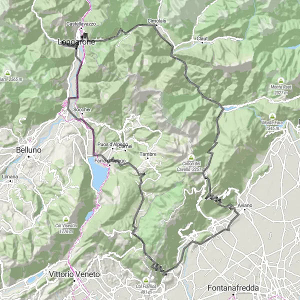 Miniatura della mappa di ispirazione al ciclismo "Giro in bici road da Longarone a Piancavallo" nella regione di Veneto, Italy. Generata da Tarmacs.app, pianificatore di rotte ciclistiche