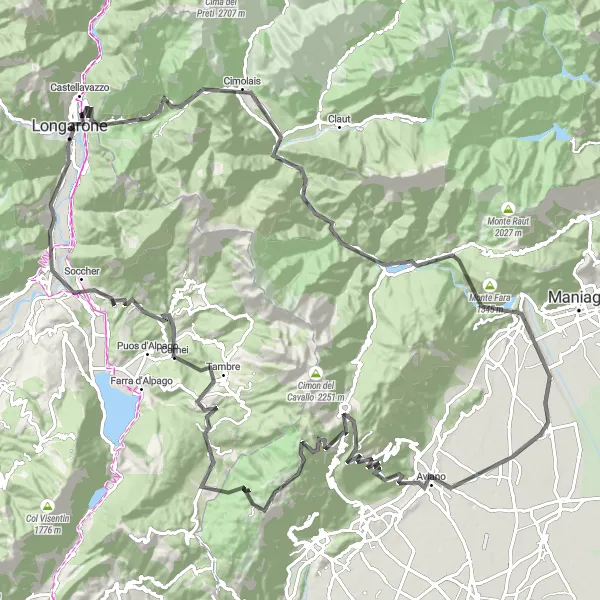 Miniatua del mapa de inspiración ciclista "Ruta de ciclismo de carretera desde Longarone" en Veneto, Italy. Generado por Tarmacs.app planificador de rutas ciclistas