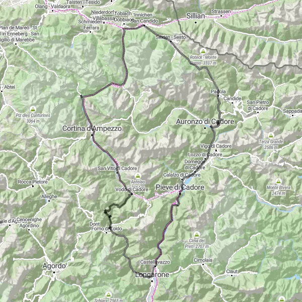 Miniatura della mappa di ispirazione al ciclismo "Giro in bici road da Longarone a Codissago" nella regione di Veneto, Italy. Generata da Tarmacs.app, pianificatore di rotte ciclistiche