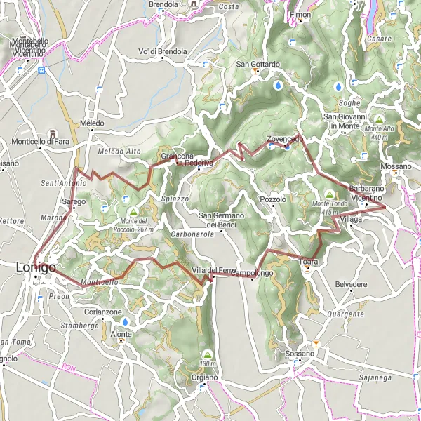 Miniature de la carte de l'inspiration cycliste "L'Excursion Gravel de Sarego" dans la Veneto, Italy. Générée par le planificateur d'itinéraire cycliste Tarmacs.app