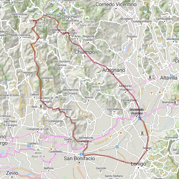 Miniaturní mapa "Gravelová cyklotrasa okolo Loniga" inspirace pro cyklisty v oblasti Veneto, Italy. Vytvořeno pomocí plánovače tras Tarmacs.app