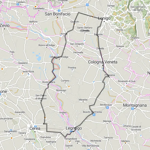 Miniatua del mapa de inspiración ciclista "Ruta de ciclismo en carretera desde Lonigo a Roverchiara, Arcole y Madonna di Lonigo" en Veneto, Italy. Generado por Tarmacs.app planificador de rutas ciclistas