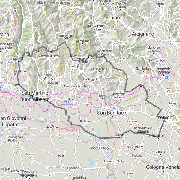Miniatuurkaart van de fietsinspiratie "Arcole en San Martino Buon Albergo Fietsroute" in Veneto, Italy. Gemaakt door de Tarmacs.app fietsrouteplanner