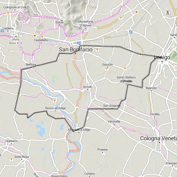 Miniature de la carte de l'inspiration cycliste "Tour autour de Lonigo" dans la Veneto, Italy. Générée par le planificateur d'itinéraire cycliste Tarmacs.app