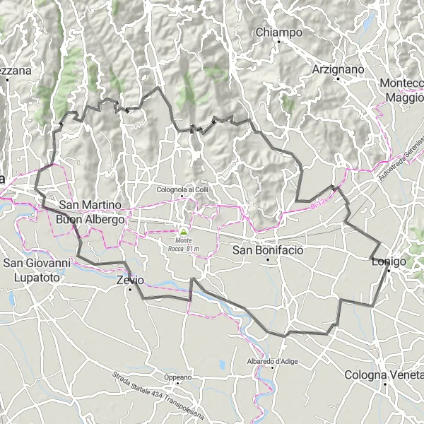 Miniatuurkaart van de fietsinspiratie "Lonigo - Montecchia di Crosara Fietsroute" in Veneto, Italy. Gemaakt door de Tarmacs.app fietsrouteplanner