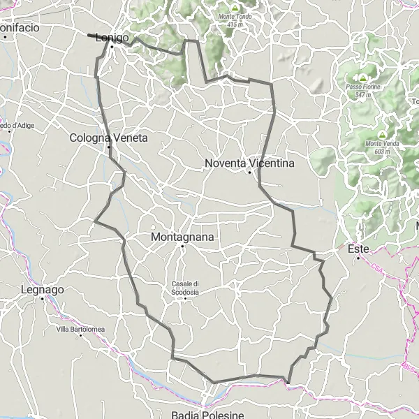 Zemljevid v pomanjšavi "Lonigo - Cologna Veneta - Bevilacqua - Lonigo" kolesarske inspiracije v Veneto, Italy. Generirano z načrtovalcem kolesarskih poti Tarmacs.app