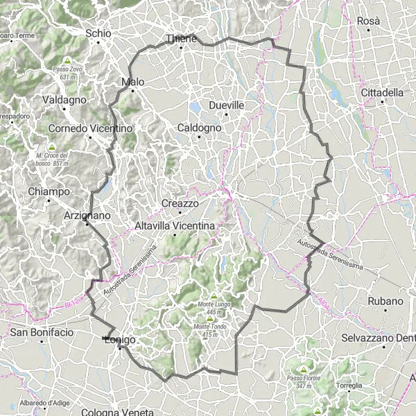 Miniatura mapy "Długa wycieczka rowerowa z Lonigo jako punktem startowym" - trasy rowerowej w Veneto, Italy. Wygenerowane przez planer tras rowerowych Tarmacs.app