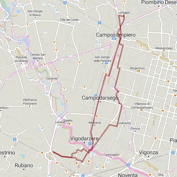 Miniatua del mapa de inspiración ciclista "Ruta por Caminos de Grava alrededor de Loreggia" en Veneto, Italy. Generado por Tarmacs.app planificador de rutas ciclistas