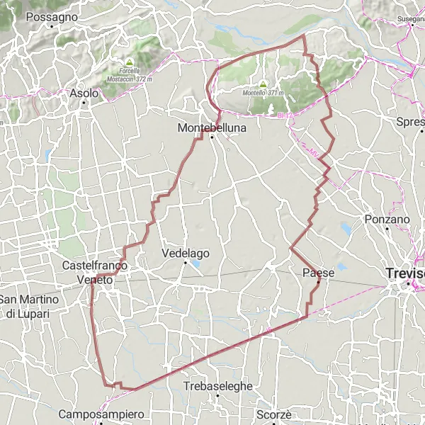 Miniaturní mapa "Gravelová cyklotrasa Santa Cristina" inspirace pro cyklisty v oblasti Veneto, Italy. Vytvořeno pomocí plánovače tras Tarmacs.app