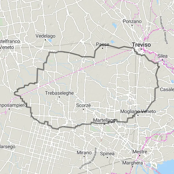 Miniaturní mapa "Jízda na kole kolem Loreggia" inspirace pro cyklisty v oblasti Veneto, Italy. Vytvořeno pomocí plánovače tras Tarmacs.app