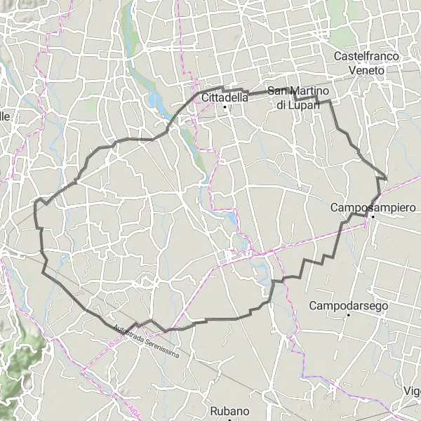Miniaturní mapa "Kolečko okolo Loreggia" inspirace pro cyklisty v oblasti Veneto, Italy. Vytvořeno pomocí plánovače tras Tarmacs.app