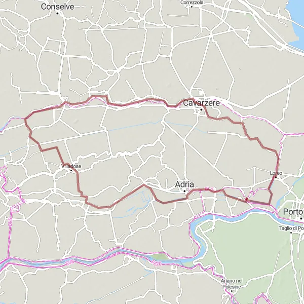 Mapa miniatúra "Gravelová výzva z Lorea" cyklistická inšpirácia v Veneto, Italy. Vygenerované cyklistickým plánovačom trás Tarmacs.app