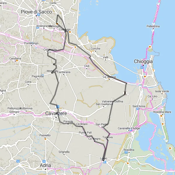 Zemljevid v pomanjšavi "Loreo - Cavarzere - Ca' Pasqua - Loreo" kolesarske inspiracije v Veneto, Italy. Generirano z načrtovalcem kolesarskih poti Tarmacs.app