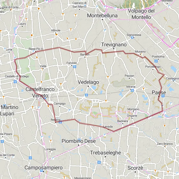 Mapa miniatúra "Trasa okolo Ratoj, Riese Pio X až Castello di Godego" cyklistická inšpirácia v Veneto, Italy. Vygenerované cyklistickým plánovačom trás Tarmacs.app