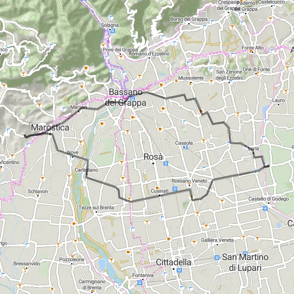 Map miniature of "The Challenging Road Circuit" cycling inspiration in Veneto, Italy. Generated by Tarmacs.app cycling route planner