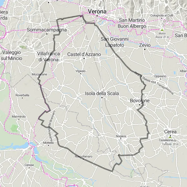 Karten-Miniaturansicht der Radinspiration "Radtour durch die Landschaft von Lugagnano nach Mozzecane" in Veneto, Italy. Erstellt vom Tarmacs.app-Routenplaner für Radtouren