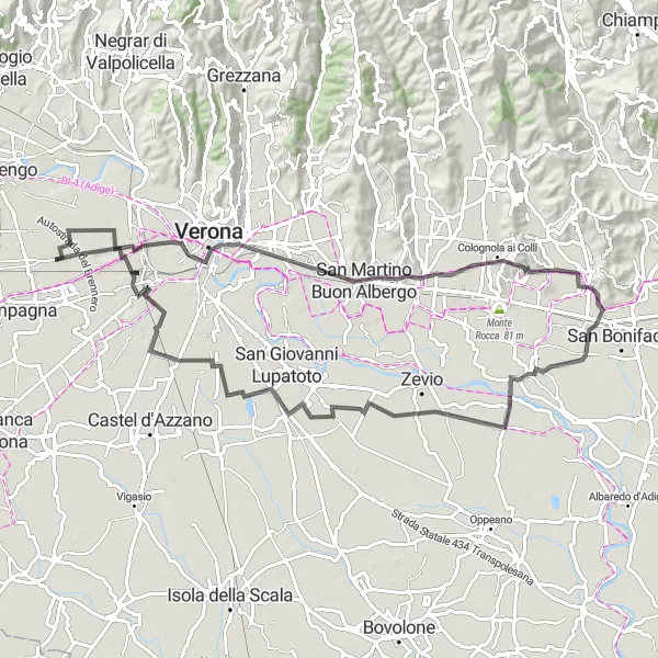 Miniatura della mappa di ispirazione al ciclismo "Itinerario ciclistico da Lugagnano a Soave" nella regione di Veneto, Italy. Generata da Tarmacs.app, pianificatore di rotte ciclistiche