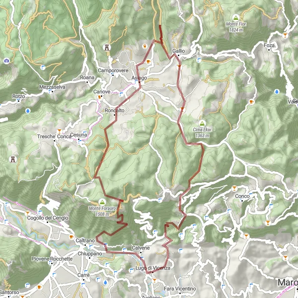 Map miniature of "Calvene and Monte Tena Gravel Ride" cycling inspiration in Veneto, Italy. Generated by Tarmacs.app cycling route planner