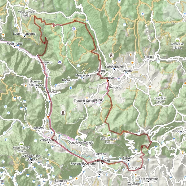 Map miniature of "Eremo di Meda and Forte Verena Gravel Adventure" cycling inspiration in Veneto, Italy. Generated by Tarmacs.app cycling route planner