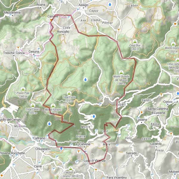 Miniaturní mapa "Gravelový okruh Calvene - Monte Tena" inspirace pro cyklisty v oblasti Veneto, Italy. Vytvořeno pomocí plánovače tras Tarmacs.app