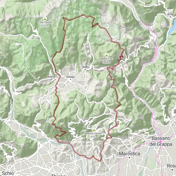 Karttaminiaatyyri "Haastava maastopyöräreitti ylängöillä" pyöräilyinspiraatiosta alueella Veneto, Italy. Luotu Tarmacs.app pyöräilyreittisuunnittelijalla