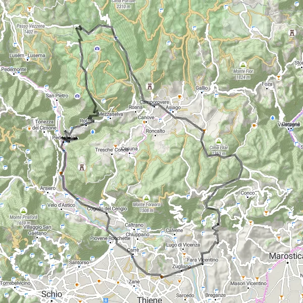 Map miniature of "Monte Zavagnin and Asiago Loop" cycling inspiration in Veneto, Italy. Generated by Tarmacs.app cycling route planner
