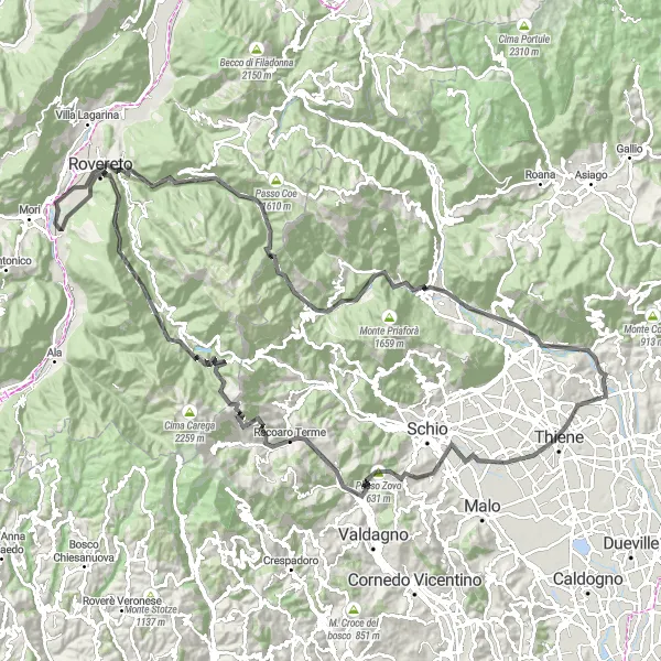 Zemljevid v pomanjšavi "Cestna pustolovščina Passo Zovo" kolesarske inspiracije v Veneto, Italy. Generirano z načrtovalcem kolesarskih poti Tarmacs.app