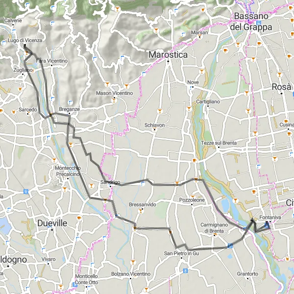 Map miniature of "Lugo di Vicenza and Sandrigo Loop" cycling inspiration in Veneto, Italy. Generated by Tarmacs.app cycling route planner