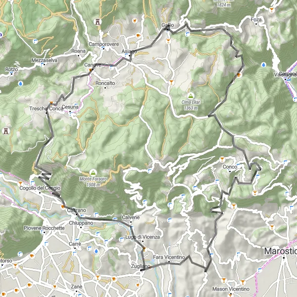 Miniatuurkaart van de fietsinspiratie "Rondrit naar de top van Monte Grumo Alto" in Veneto, Italy. Gemaakt door de Tarmacs.app fietsrouteplanner
