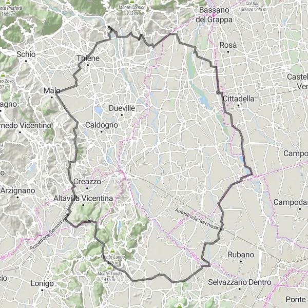 Miniaturní mapa "Trasa Marostica - Lugo di Vicenza" inspirace pro cyklisty v oblasti Veneto, Italy. Vytvořeno pomocí plánovače tras Tarmacs.app