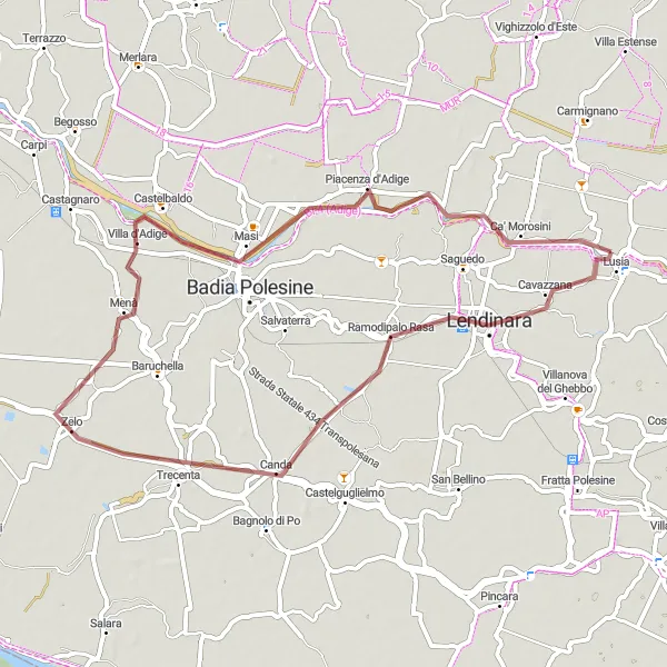 Miniatura della mappa di ispirazione al ciclismo "Esplorazione in mountain bike da Lusia a Canda" nella regione di Veneto, Italy. Generata da Tarmacs.app, pianificatore di rotte ciclistiche